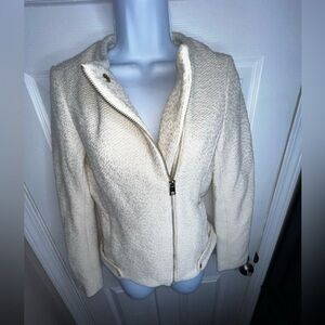 H&M Women’s US 4 Cream Cotton Tweed Zip Moto Biker Jacket Blazer Career EUR 34 S